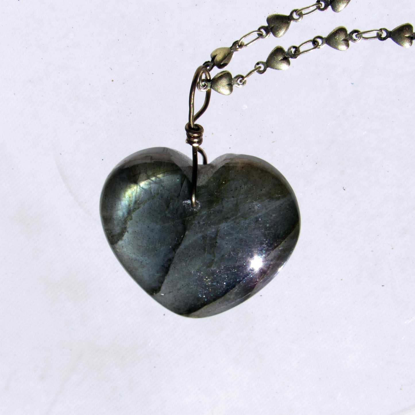 Labradorite gemstone Heart with Brass Heart Chain