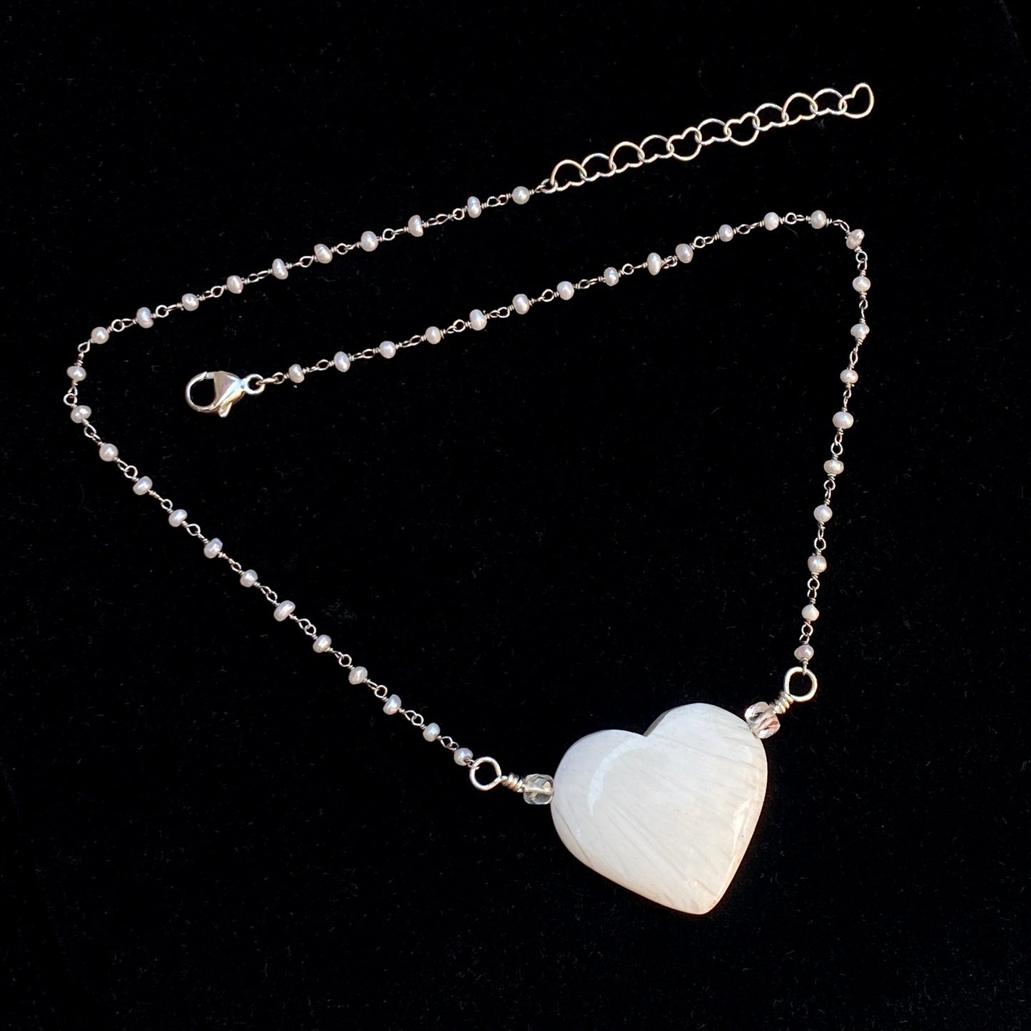 Scolecite gemstone Heart on Sterling Silver Wrapped Fresh Water Pearl Chain Necklace