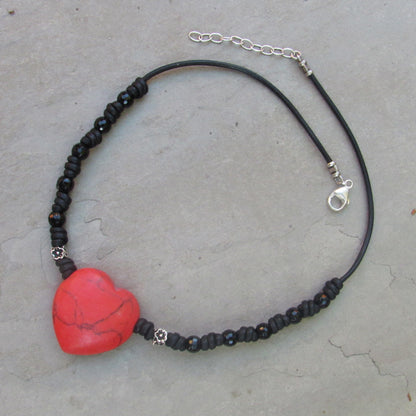 Red Gemstone Heart Choker Leather Necklace