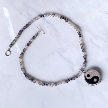 Onyx and Tibetan Agate gemstone Yin Yang Necklace