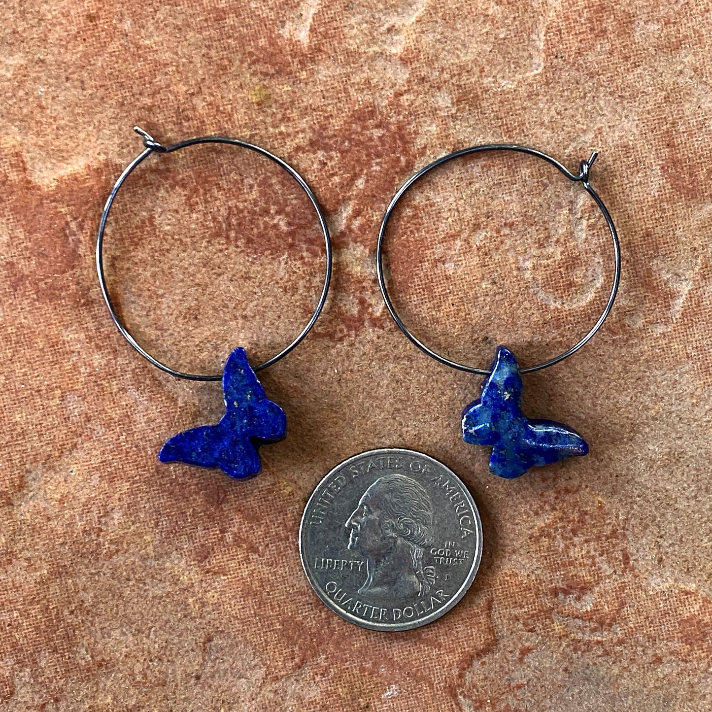 Oxidized Sterling silver hoops with Lapis Lazuli Gemstone butterflies