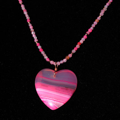 Pink Banded Agate gemstone Heart on pink agate necklace