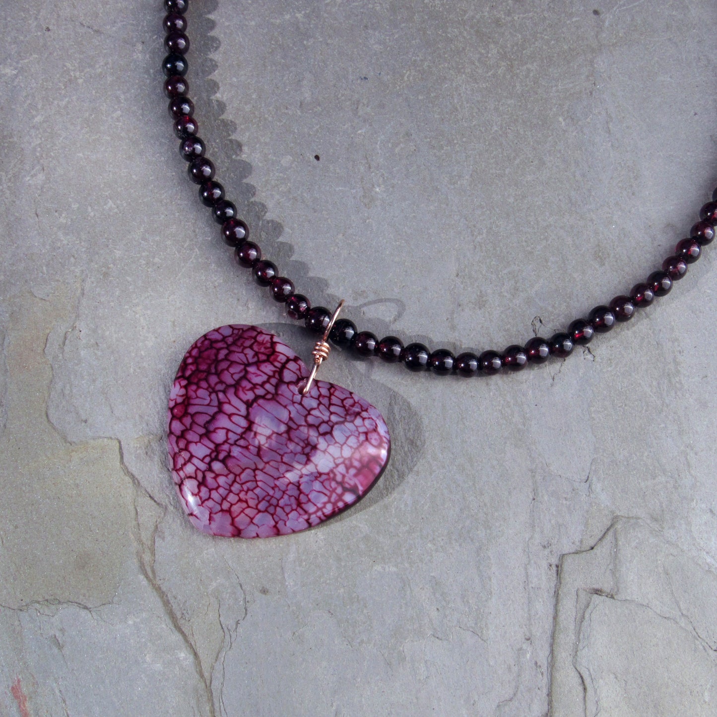 Dragon’s Vein Agate Gemstone Heart Pendant Wrapped on 14 Kt Rose GF on Beaded Garnet Necklace
