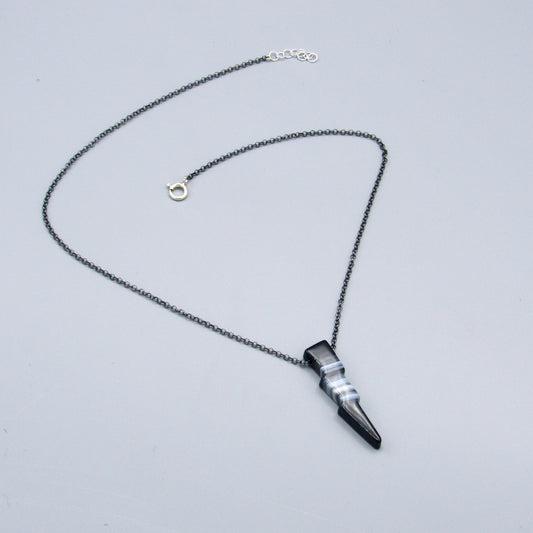 Black Banded Striped Agate Lightning Bolt W/ Oxidized Sterling Silver Chain