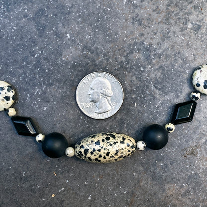 Dalmatian Jasper gemstone, Onyx, and Oxidized Sterling Silver Men’s Necklace