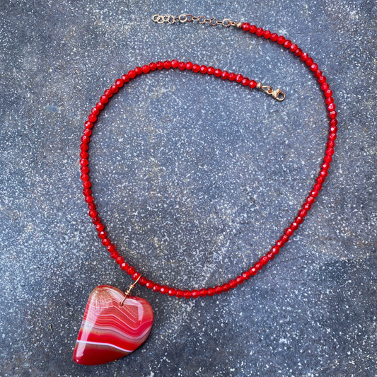 Red Banded Agate Heart Pendant on Beaded Red Agate Necklace with 14 Kt Rose GF Hand Wrap