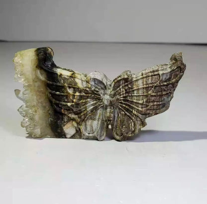 Natural crystal quartz cluster mineral specimen, hand carved, butterfly
