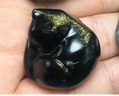 Natural Gold Obsidian Carved Crystal Kitty Figurine