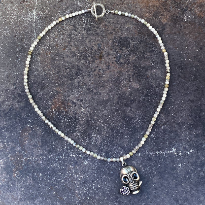 White Labradorite gemstone and Skull with Rose pendant Necklace