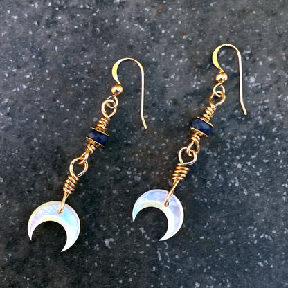 Blue Sapphire gemstone Moon Dangle Earrings