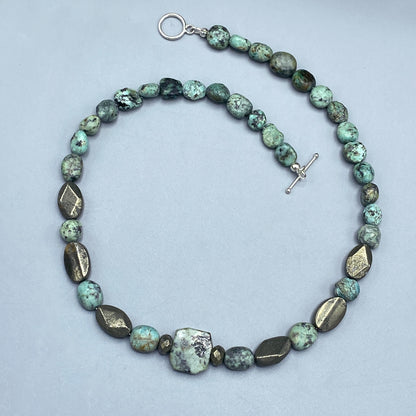 African Turquoise and Pyrite gemstone Necklace