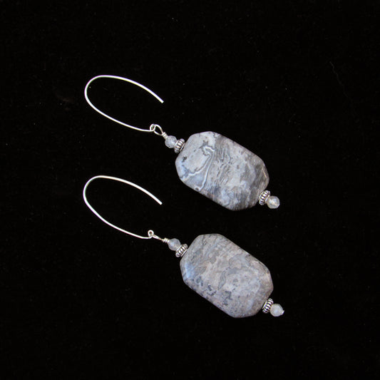 Chinese Lace Agate, Labradorite, Sterling Silver, Drop Earrings