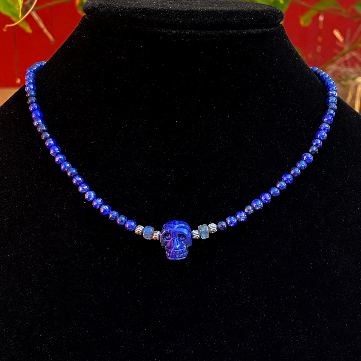Lapis Lazuli, Labradorite gemstones, and Sterling Silver Skull Choker