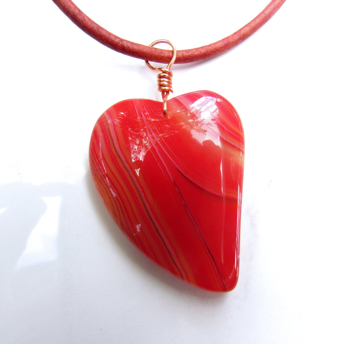 Red Banded Agate gemstone on Leather Necklace