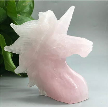 Natural pink Rose Quartz gemstone Hand Carved unicorn