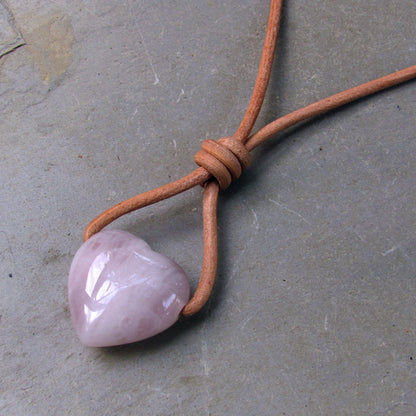 Rose Quartz Heart Pendant on Leather with Copper Clasp