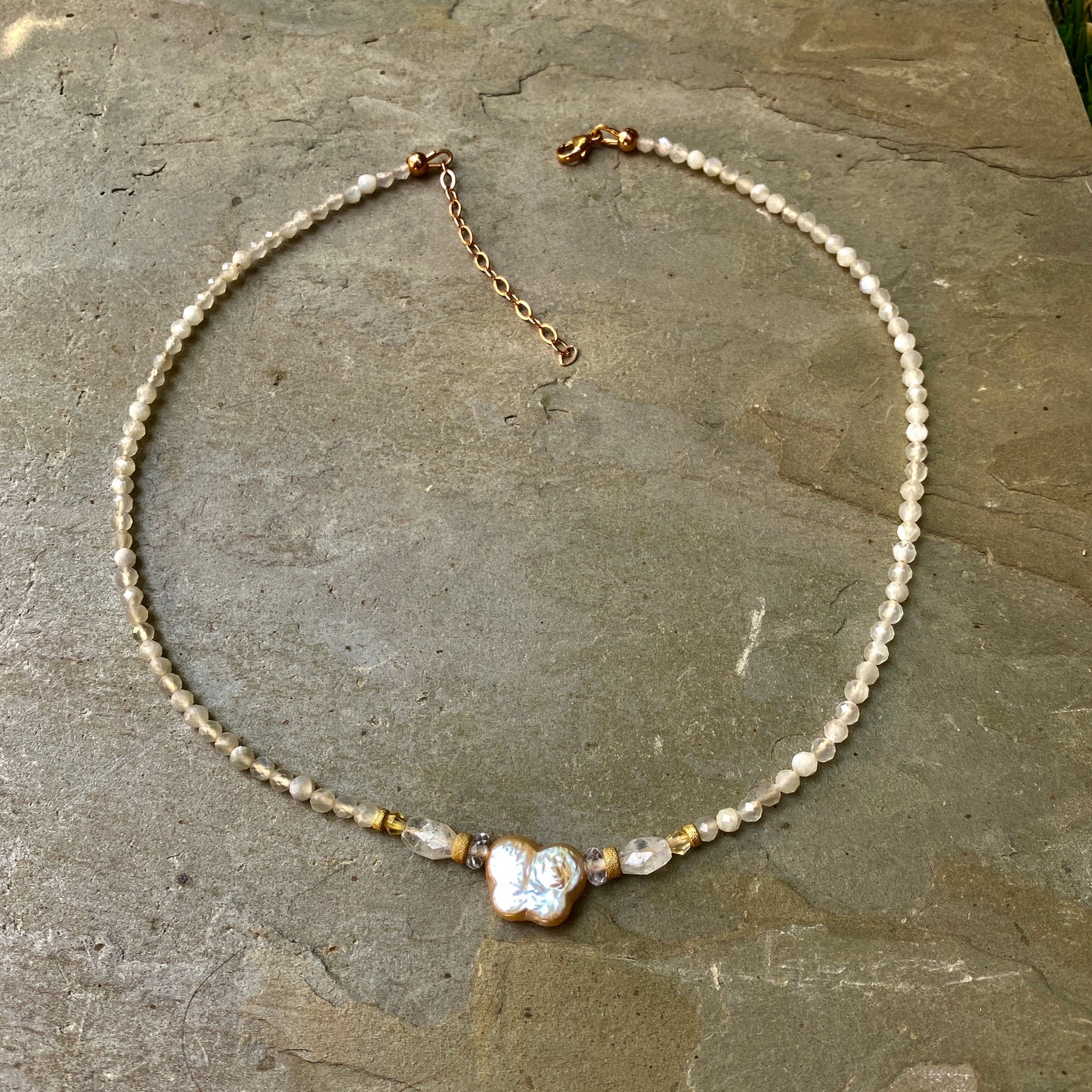 Pearl Butterfly W/ Moonstones and Citrine Gemstones and 14 Kt Gf Choker Necklace