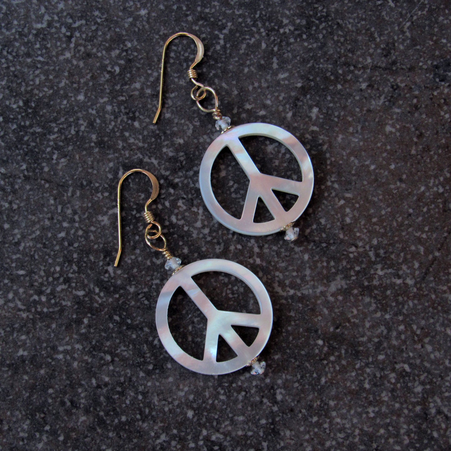 Mother of Pearl Peace Sign w/ White Topaz gemstone Drop Earrings