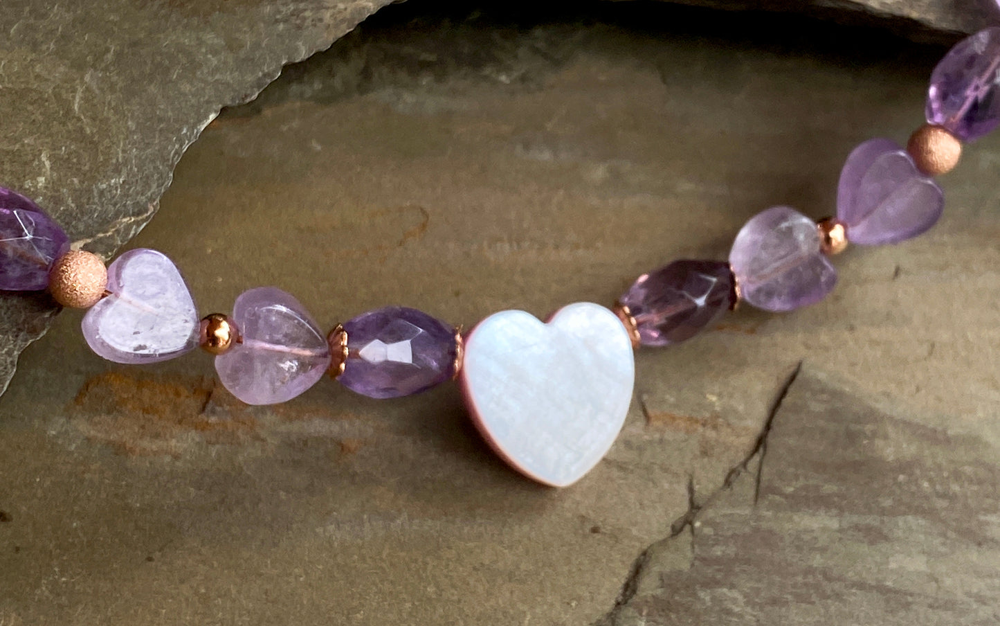 Women’s mother of pearl heart, amethyst, 14 kt rose gold fill necklace