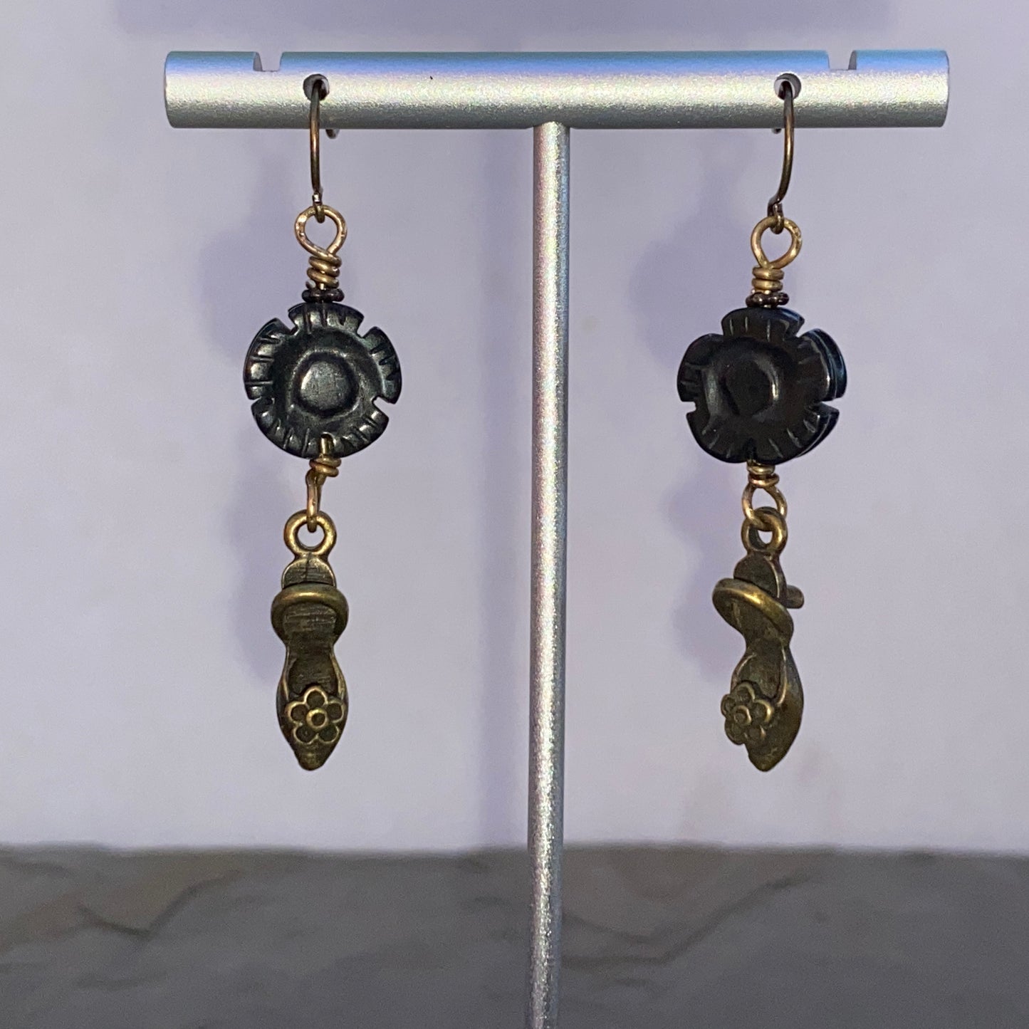 Brass shoe and onyx flower drop earrings