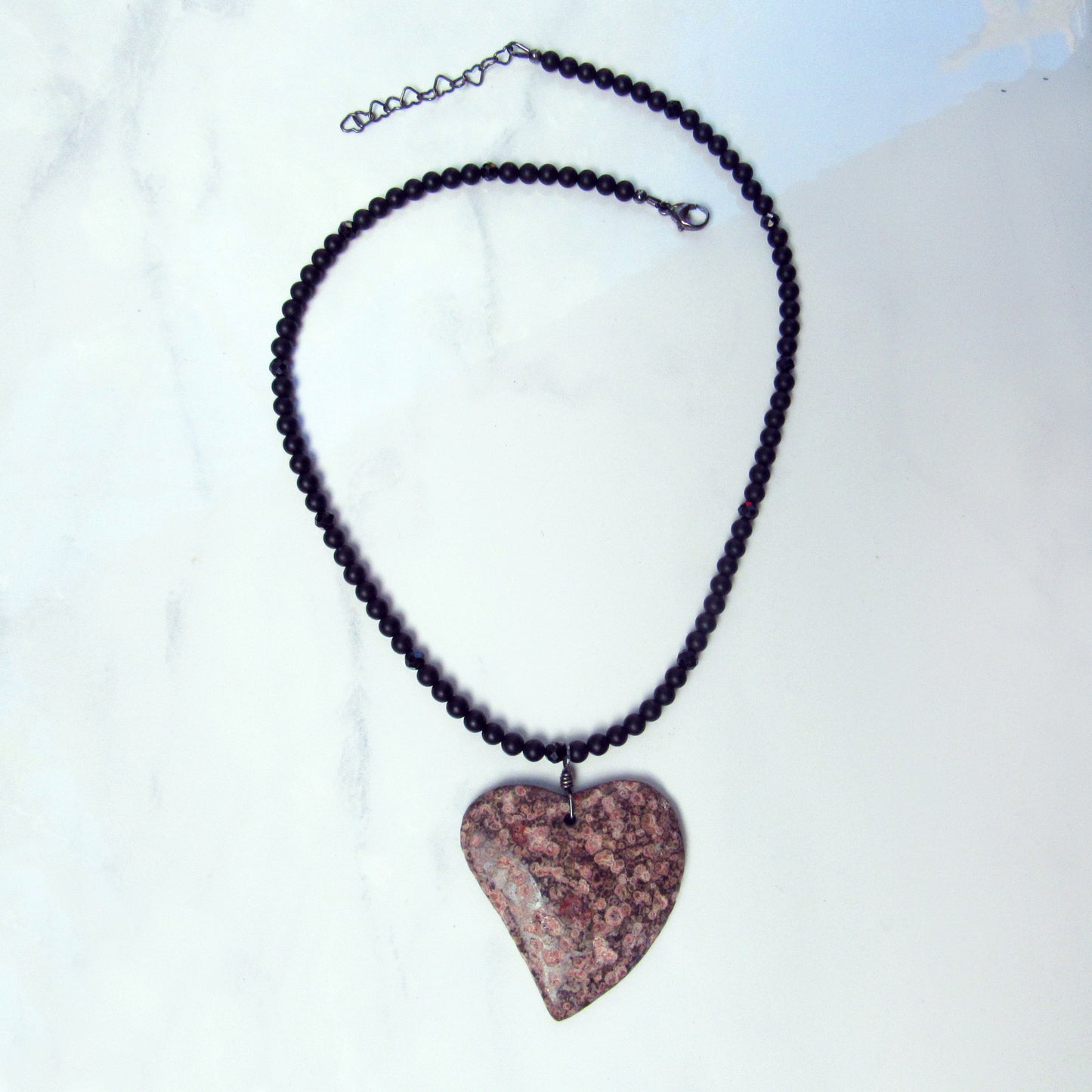 Leopard Print Jasper Gemstone Heart Pendant on Onyx and Spinel Necklace
