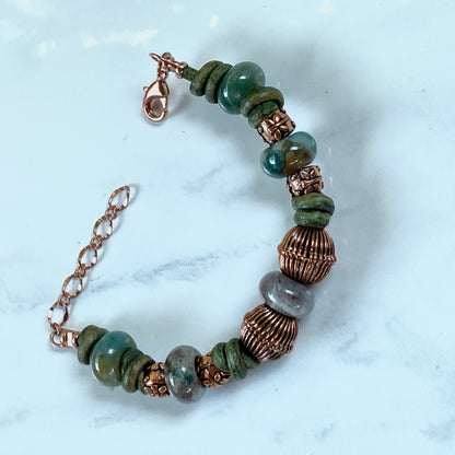 BoHo Bali Gemstone and Leather with copper Clasp Bracelets