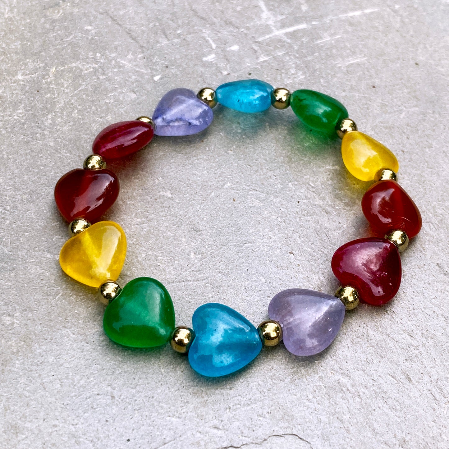 Women’s Rainbow Jade and Carnelian heart with gold hematite stretch