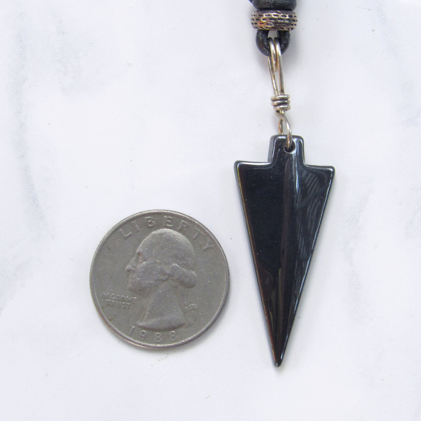 Hematite Arrow Hand Wrapped and Knotted with Sterling Silver on Leather Necklace