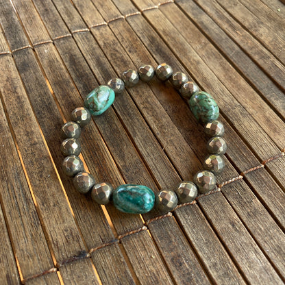 Chunky Faceted Pyrite and Chysoprass Stretch Bracelet