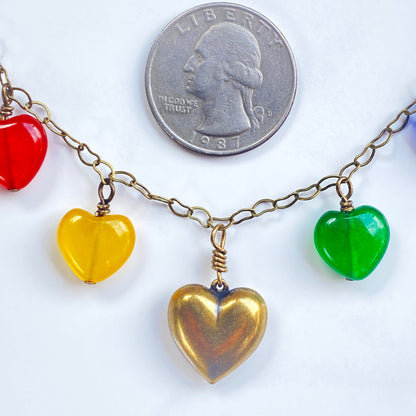 Rainbow of Jade gemstone Hearts and Bronze Necklace