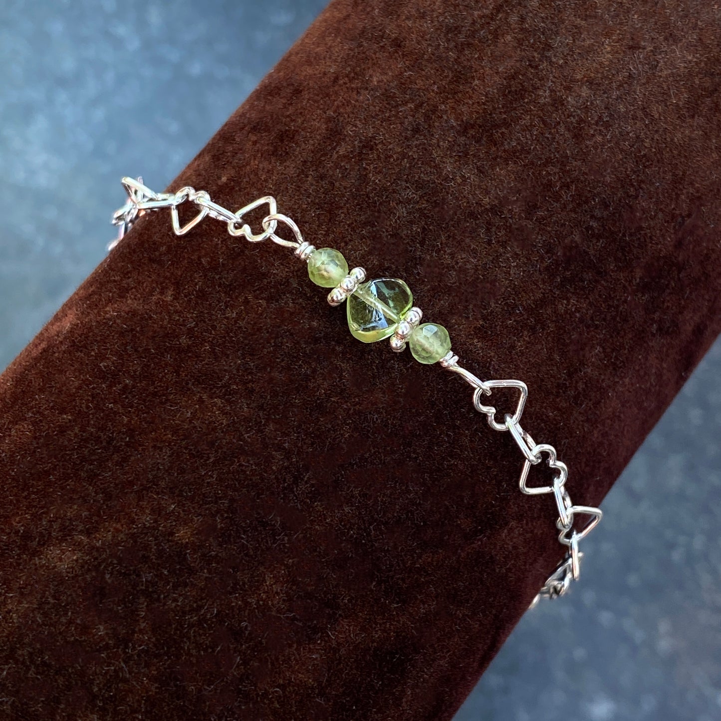 Peridot gemstone heart and silver heart chain bracelet with clasp