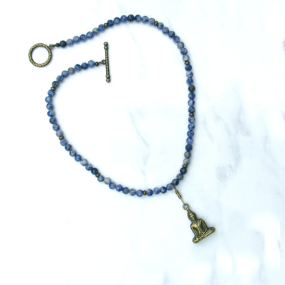 Blue Spot Jasper gemstone and brass Buddha pendant necklace