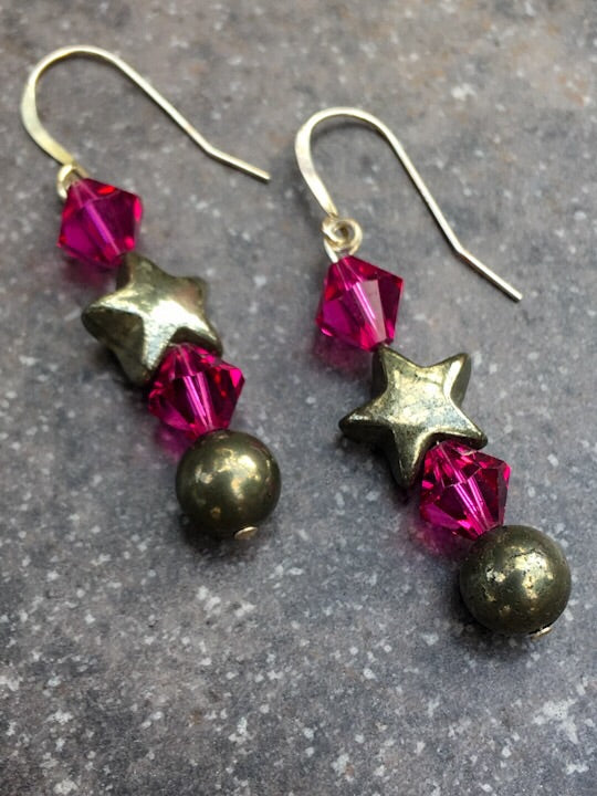 Pyrite & Swarovski Crystal Holiday Earrings, Fusia or Teal