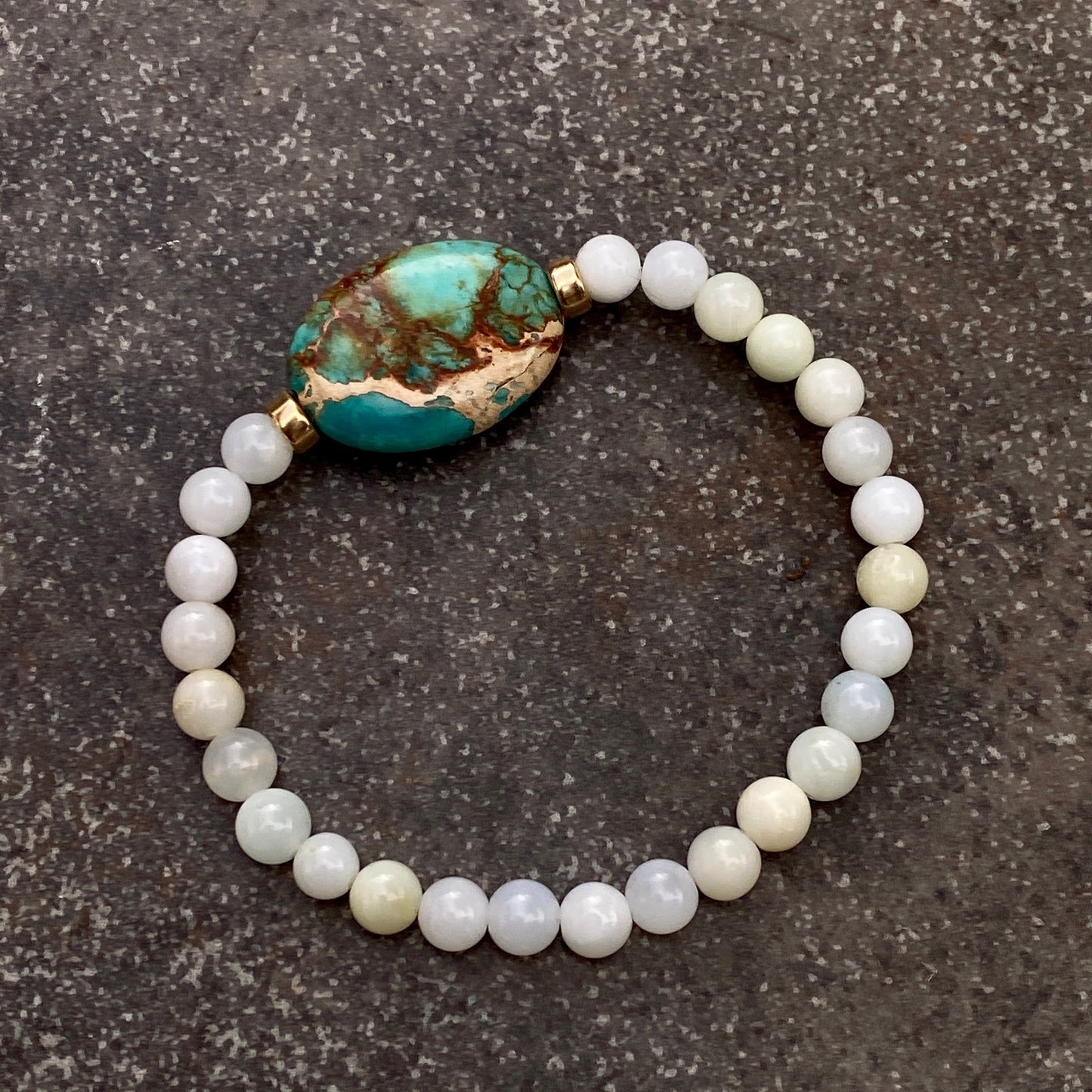 Sea Sediment Jasper gemstone, Amazonite, and 14 kt Gf Stretch Bracelet