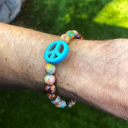 Turquoise Howlite Peace and Rainbow Jade Stretch Bracelet Men’s Sizes