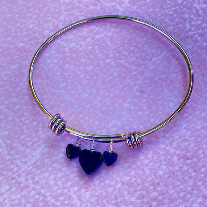 Stainless Steel Bangle with Onyx Hearts