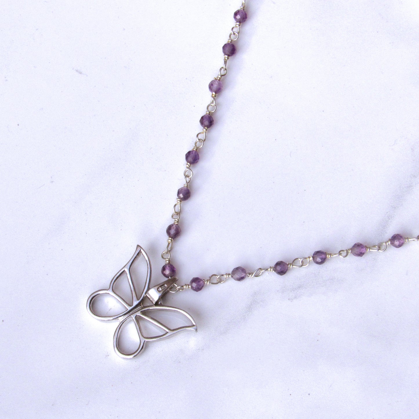 Sterling Silver Wrapped Amethyst gemstone Beads with Sterling Silver Butterfly Pendant