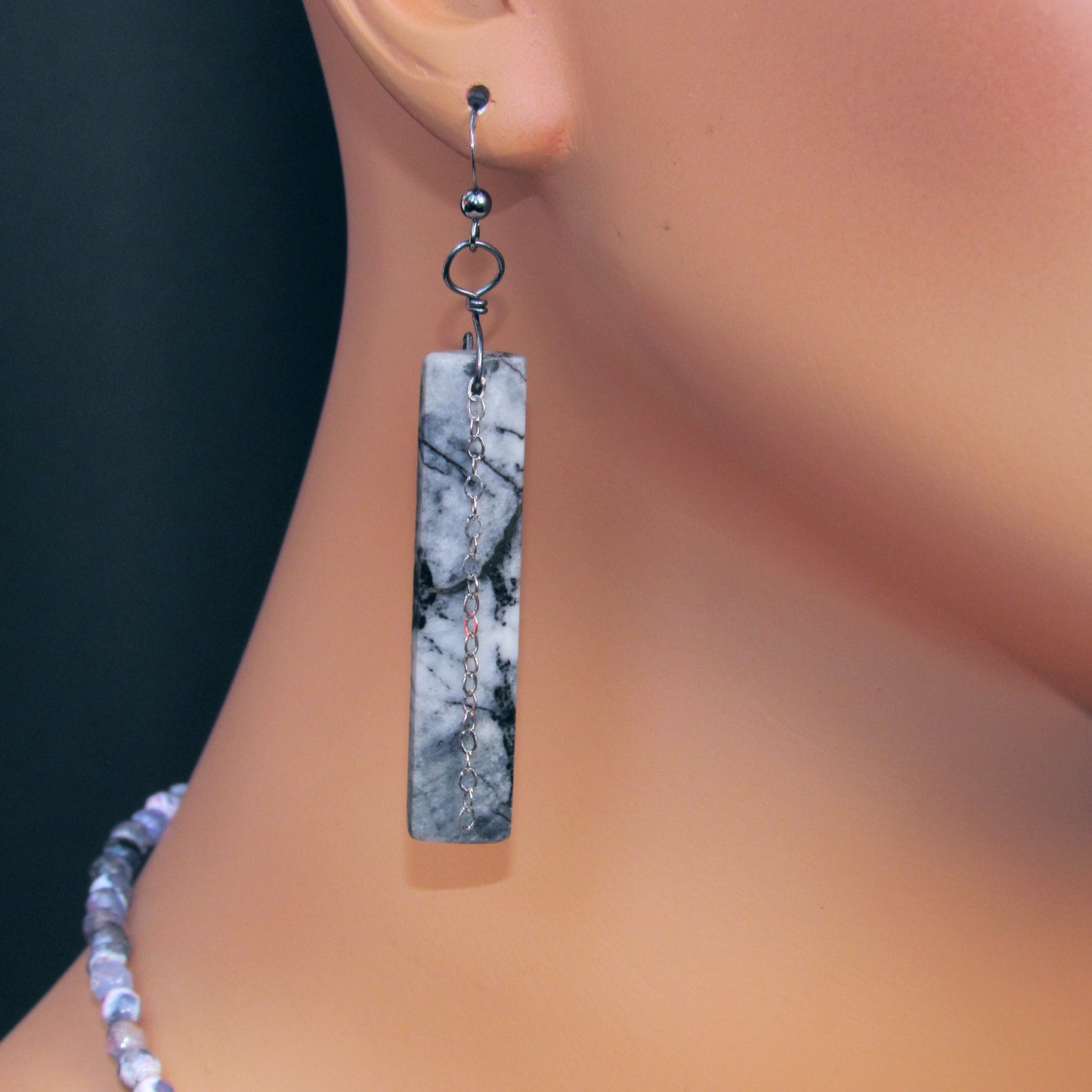 Black Zebra Jasper Gemstones with Oxidized Sterling Silver Drop Earrings