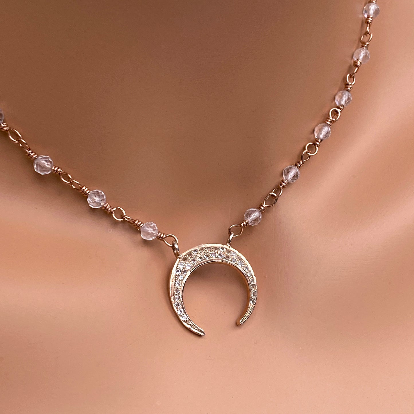 Pave White Topaz gemstones with Rose Gold Moon pendant chain necklace