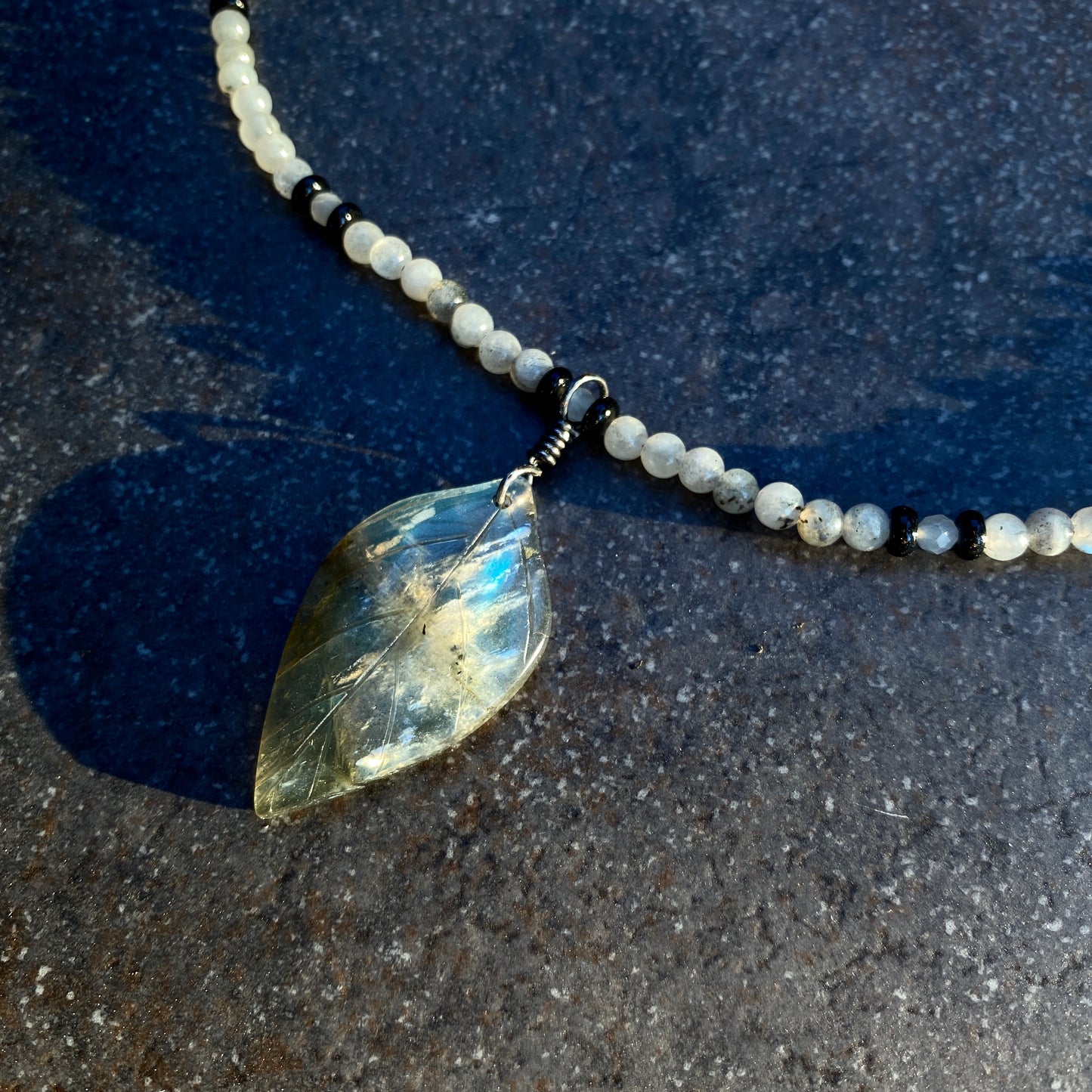 Labradorite Leaf Pedant W/ Oxidized Sterling Silver Gemstone Necklace