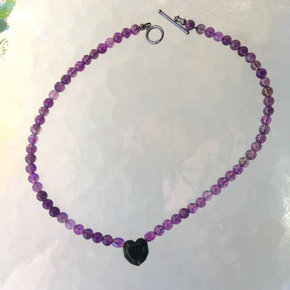 Women's Amethyst and Onyx Heart Gemstone Necklace