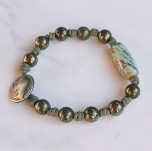 Pyrite and Agate gemstone Leather Bracelet with Buffalo Replica Button