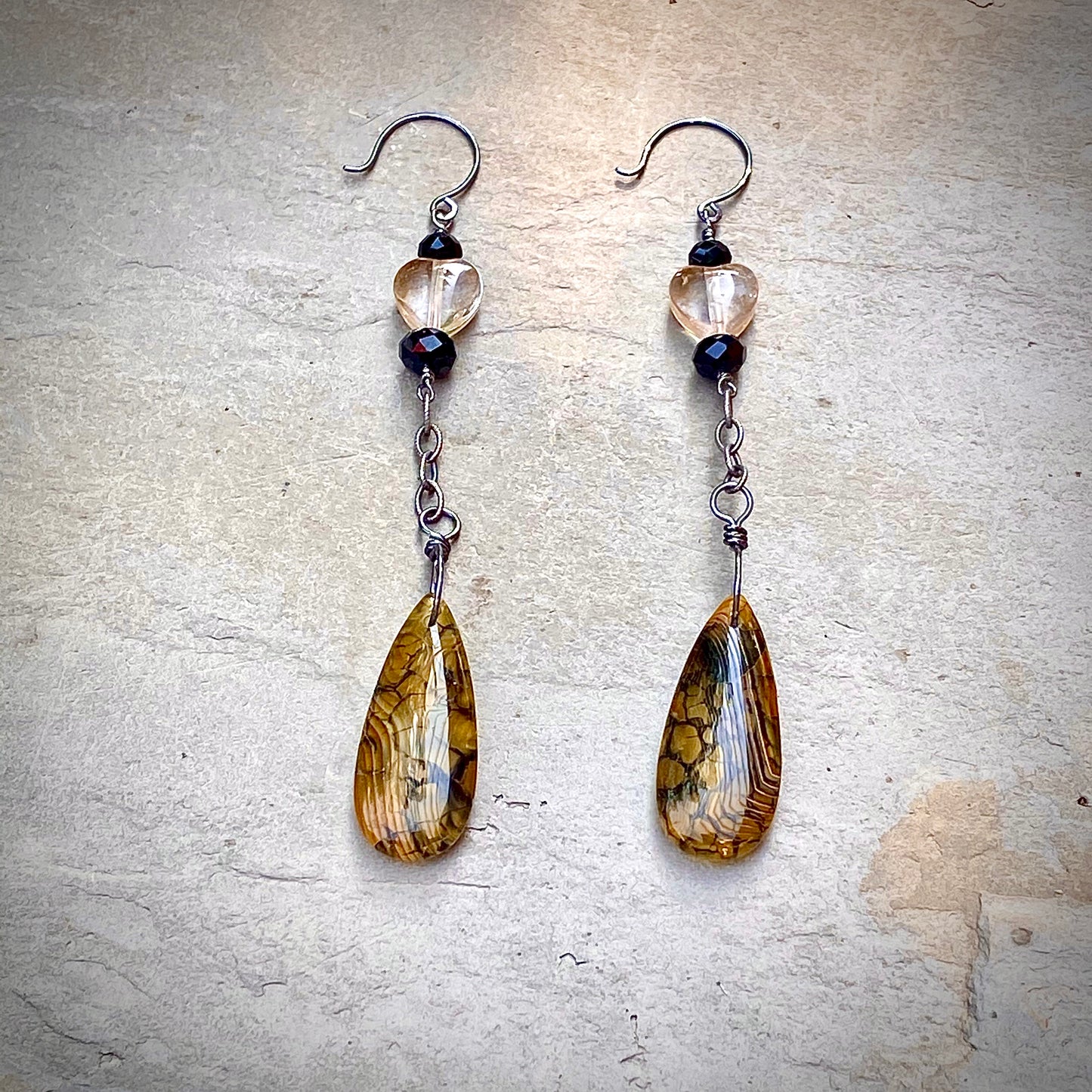 Citrine Hearts, Yellow Dragon’s Vein Agate, Black Spinel, and Oxidized Sterling Drop Earrings