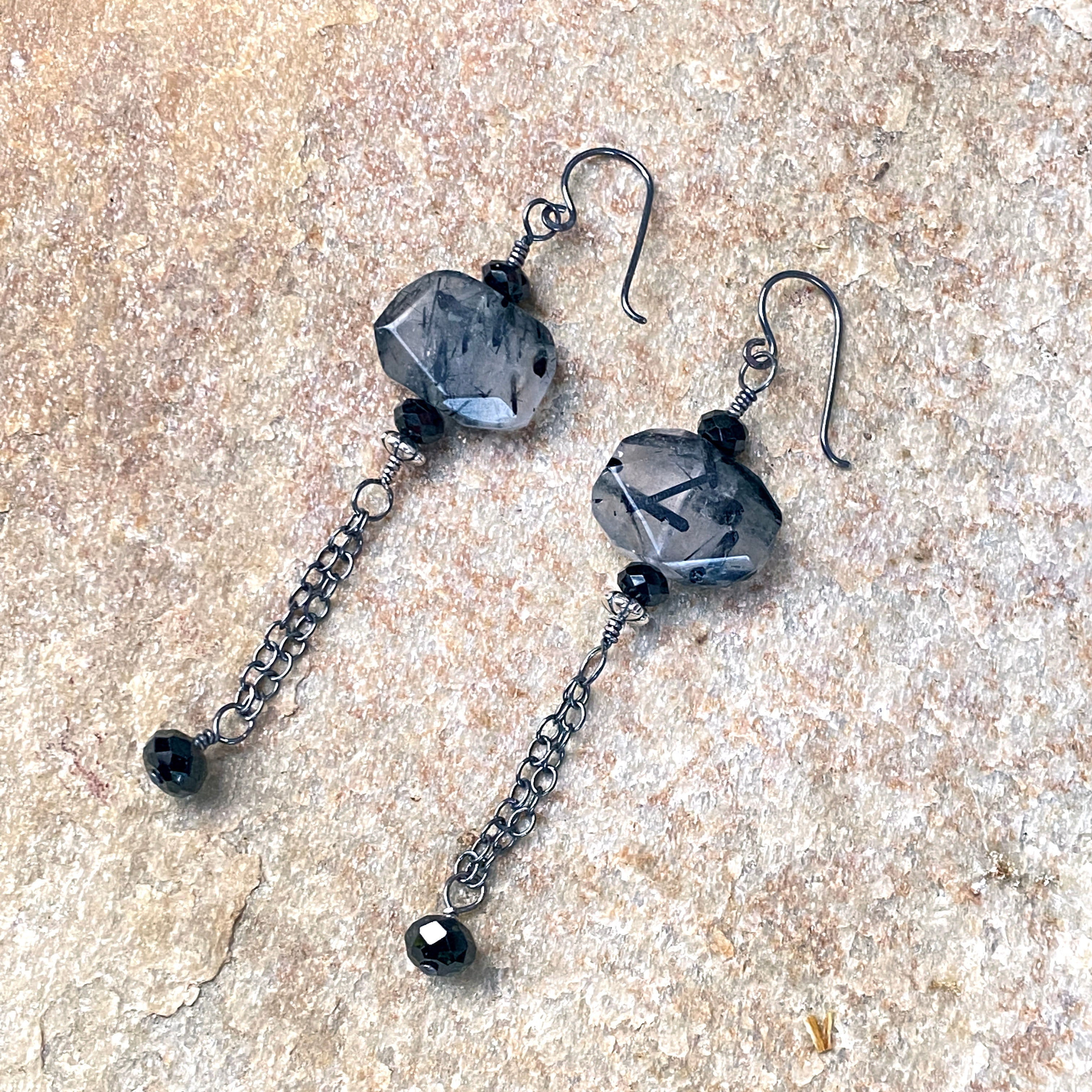 Oxidized Sterling Silver and Black Tourmilated Quartz on sale Earrings