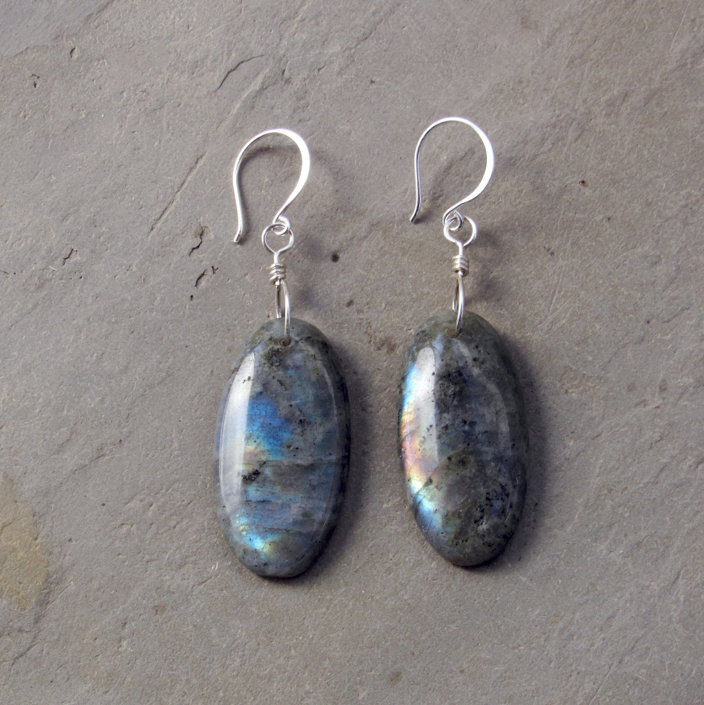 Labradorite Gemstones Hand Wrapped with Sterling Silver Drop Earrings