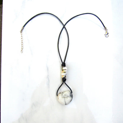 Howlite hand knotted leather with Sterling Silver Skull Necklace