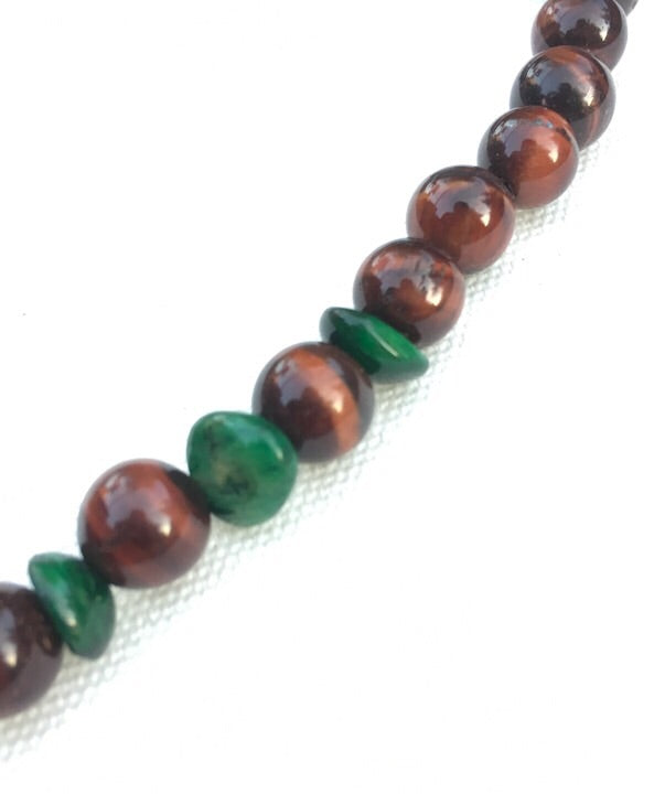 Men’s Red Tiger Eye Tibetan Agate with Green Jade gemstone necklace with copper toggle