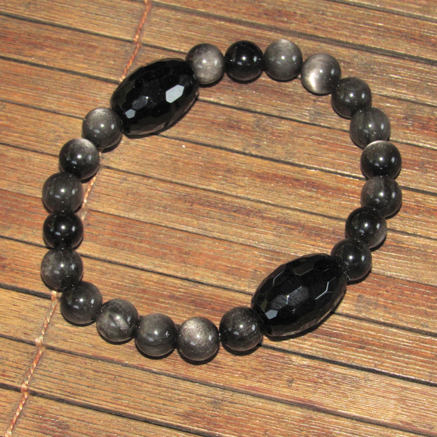 Chunky Black Onyx and Silver Obsidian Gemstone Stretch Bracelet