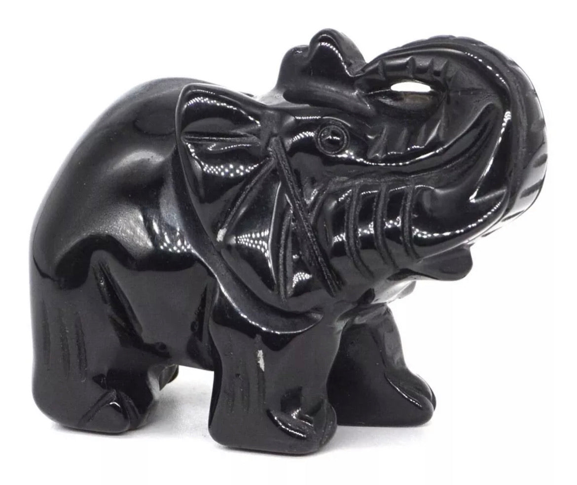 Natural Black Obsidian gemstone carved 3 inch Elephant
