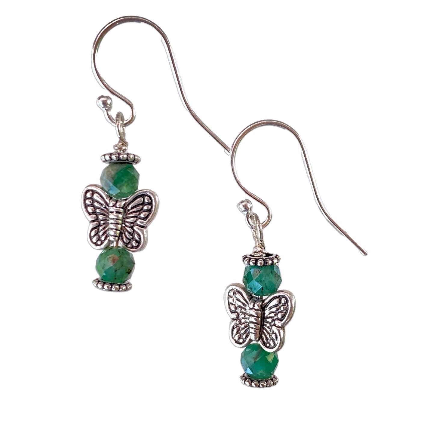 Emeralds and Sterling Silver Butterfly dangle and drop Earrings